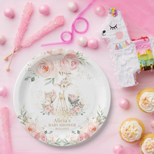 シックお洒落赤面ピンクフローラウッドランドアニマルズ ペーパープレート (パーティー)