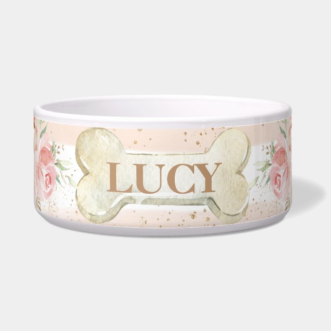 シックお洒落赤面ピンクフローラバラドッグペット ボウル (正面)