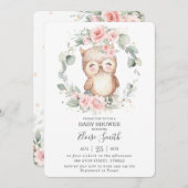 シックかわいいフクロウピンクフローラ緑の赤ちゃんシャワー 招待状 (正面/裏面)