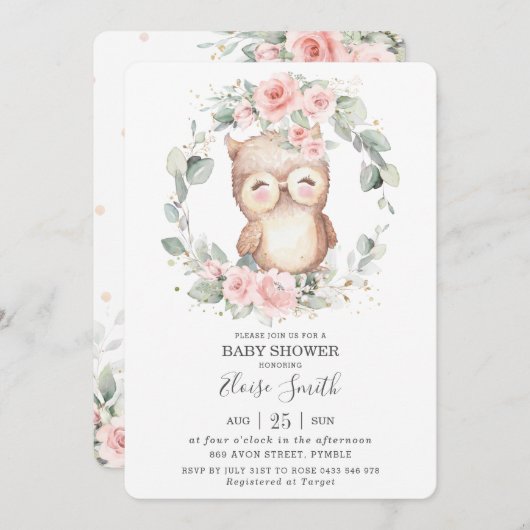シックかわいいフクロウピンクフローラ緑の赤ちゃんシャワー 招待状 (正面/裏面)