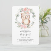 シックかわいいフクロウピンクフローラ緑の赤ちゃんシャワー 招待状 (スタンド正面)
