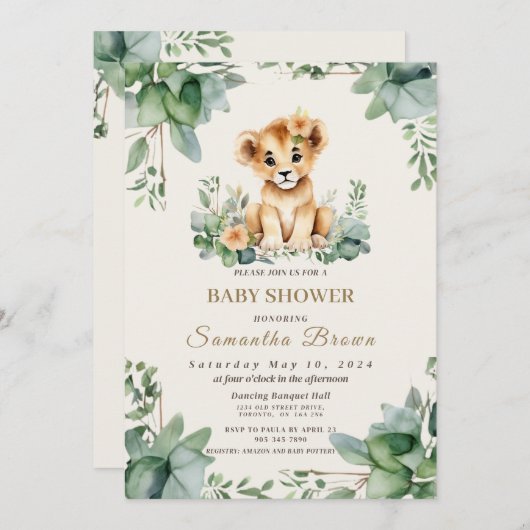 シックかわいいライオネスカブ&グリーンリーガールベビーショバー 招待状 (正面/裏面)