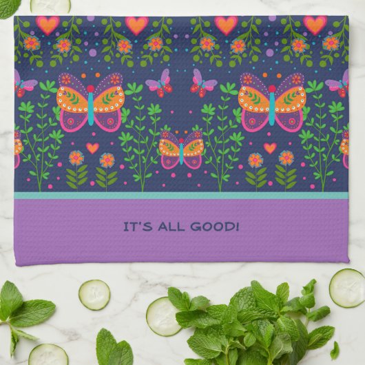 シックかわいらしなカスタム引用文またはネームバタフライ キッチンタオル (折り畳み)