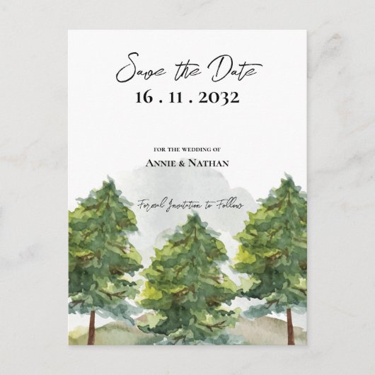 シックかわいらしな水彩木風景結婚ズ 案内ポストカード (正面)