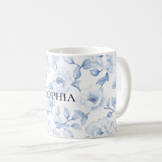 シックかわいらしな青の白い花 コーヒーマグカップ (正面右)