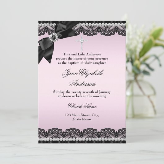 シックかわいらしダイヤモンドレースピンクバプテスマ招待状 招待状 (スタンド正面)