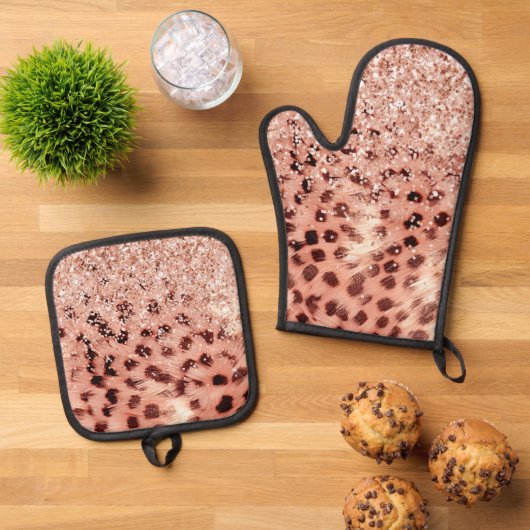 シックかわいらしバラガーリー金ゴールドレオパードグリッターラブ 鍋つかみ&鍋敷きセット (トップダウン)