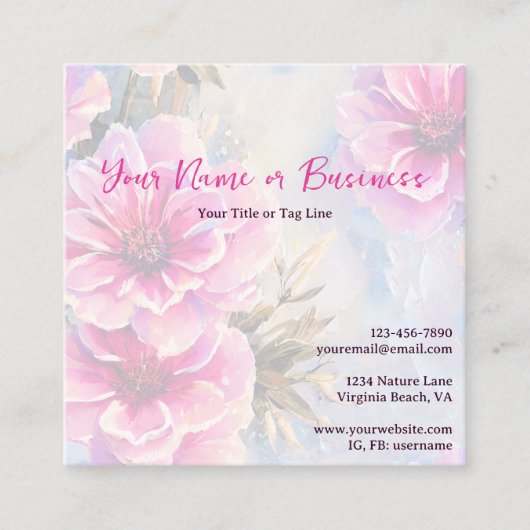 シックかわいらしピンクの花フローラ スクエア名刺 (正面)