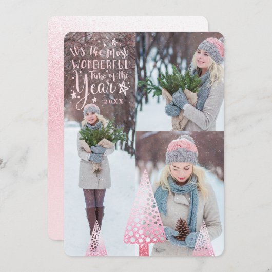 シックかわいらしピンクグリッターパインツリーマルチプルフォト シーズンカード (正面/裏面)