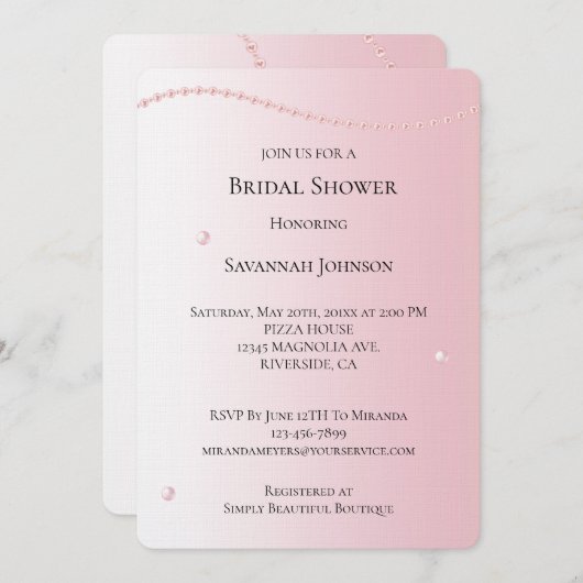 シックかわいらしピンクパールブライダルシャワー 招待状 (正面/裏面)