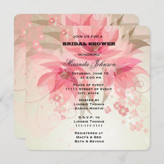 シックかわいらしピンクフローラブライダルシャワー 招待状 (正面/裏面)