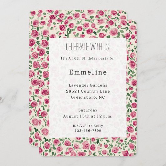 シックかわいらしピンクローズフローラ誕生日 招待状 (正面/裏面)