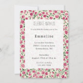 シックかわいらしピンクローズフローラ誕生日 招待状 (正面)