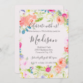 シックかわいらしピーチピンクウォーターカラーフローラ誕生日 招待状 (正面/裏面)