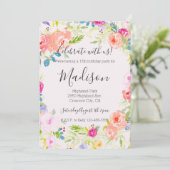 シックかわいらしピーチピンクウォーターカラーフローラ誕生日 招待状 (スタンド正面)