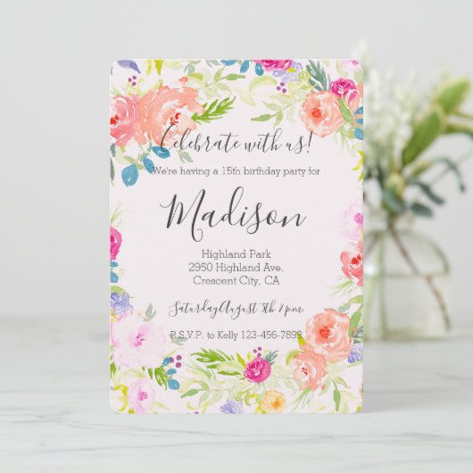 シックかわいらしピーチピンクウォーターカラーフローラ誕生日 招待状 (スタンド正面)
