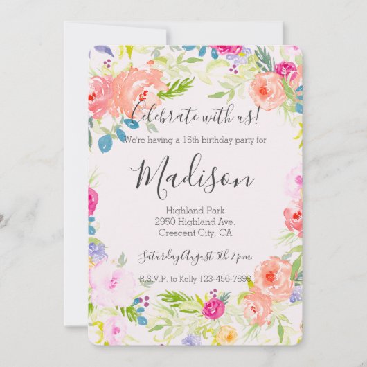 シックかわいらしピーチピンクウォーターカラーフローラ誕生日 招待状 (正面)