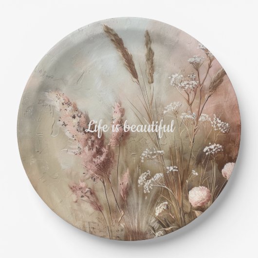 シックかわいらしベージュ赤面ボホフローラブライダルシャワー ペーパープレート (正面)