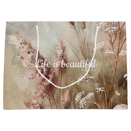 シックかわいらしベージュ赤面ボホフローラブライダルシャワー ラージペーパーバッグ (正面)