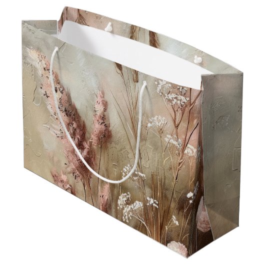 シックかわいらしベージュ赤面ボホフローラブライダルシャワー ラージペーパーバッグ (裏面アングル)