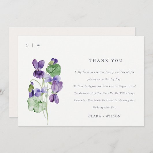 シックかわいらしモノグラムバイオレットフローラバンチ結婚ーズ サンキューカード (正面/裏面)