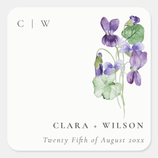 シックかわいらしモノグラムバイオレットフローラバンチ結婚ーズ スクエアシール (正面)