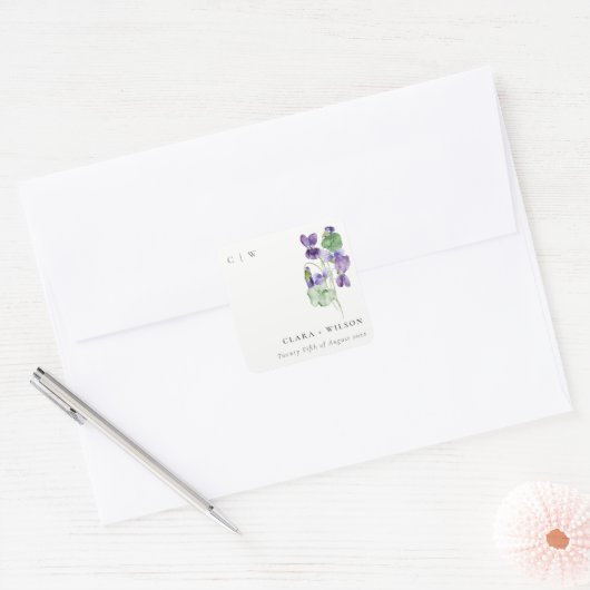 シックかわいらしモノグラムバイオレットフローラバンチ結婚ーズ スクエアシール (封筒)