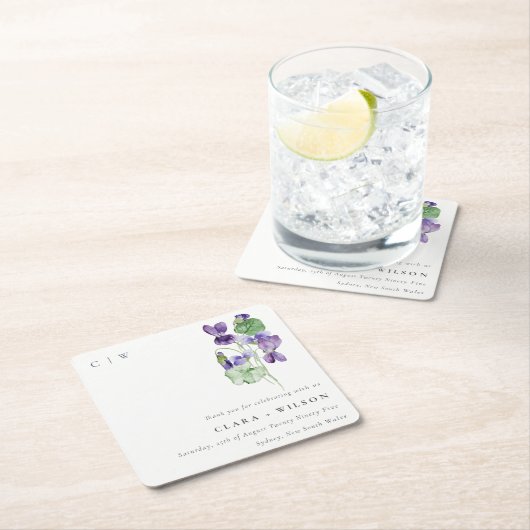 シックかわいらしモノグラムバイオレットフローラバンチ結婚ーズ スクエアペーパーコースター (インサイチュ)