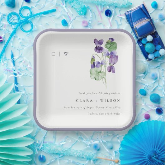 シックかわいらしモノグラムバイオレットフローラバンチ結婚ーズ ペーパープレート (パーティー)