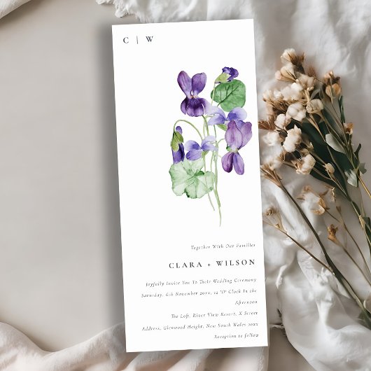 シックかわいらしモノグラムバイオレットフローラバンチ結婚ーズ 招待状