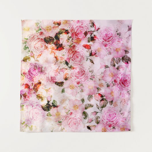 シックかわいらし赤面ピンクウォーターカラーバラフローラ タペストリー (正面(横))