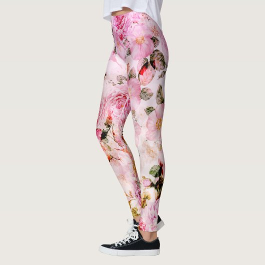 シックかわいらし赤面ピンクウォーターカラーバラフローラ レギンス (左)