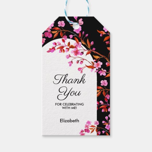 シックさくらんぼブロッサム桜白黒誕生日 ギフトタグ (正面)