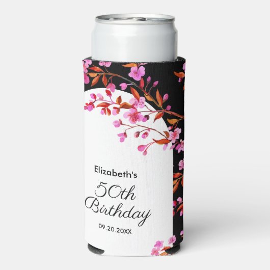 シックさくらんぼブロッサム桜白黒誕生日 スリム缶クーラー (Seltzer裏面)