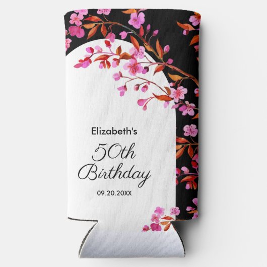 シックさくらんぼブロッサム桜白黒誕生日 スリム缶クーラー (裏面)