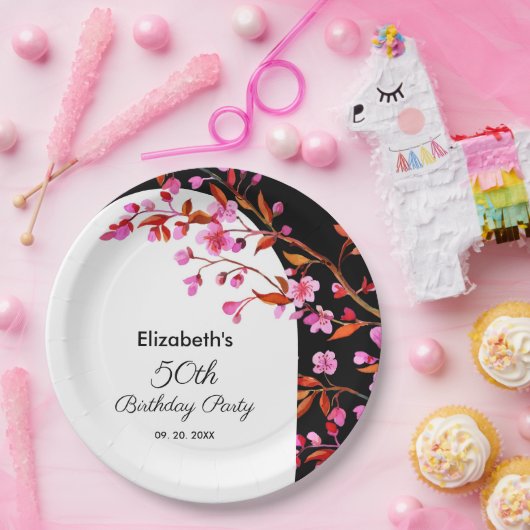 シックさくらんぼブロッサム桜白黒誕生日 ペーパープレート (パーティー)