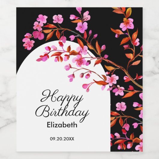 シックさくらんぼブロッサム桜白黒誕生日 ワインラベル (シングルラベル)