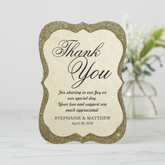 シックでエレガントなきらめくフェイクな金ゴールドのグリッター サンキューカード (スタンド正面)