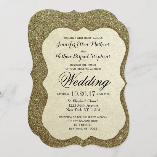 シックでエレガントなきらめくフェイクな金ゴールドのグリッター 招待状 (正面/裏面)