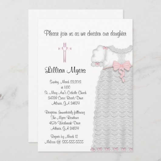シックでエレガントなピンクの十字の洗礼か《キリスト教》洗礼式や命名式 招待状 (正面/裏面)