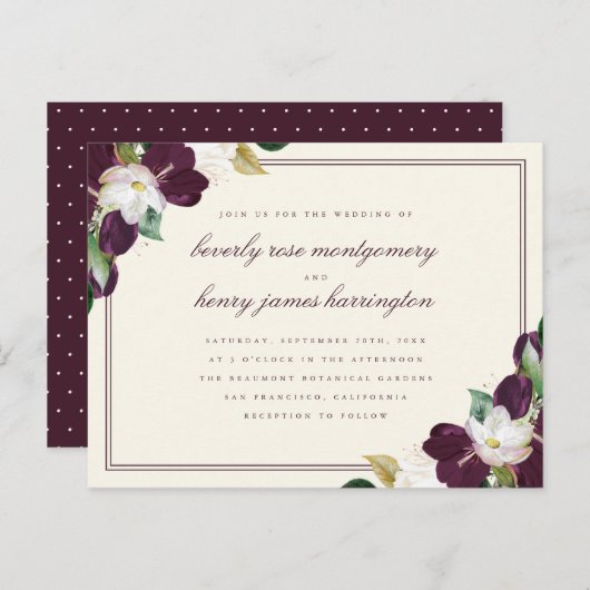シックでエレガントな濃紫色及びアイボリーの花の結婚式 インビテーションポストカード (正面/裏面)