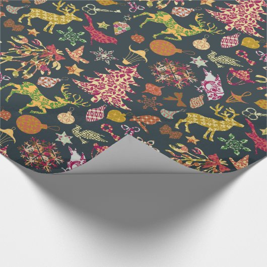 シックでカラフルなお祝いのパッチワークの花柄のダマスク織 ラッピングペーパー (角)