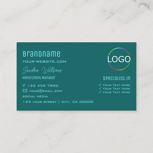 シックでシンプルなライトダークカラーティール（緑がかった色）（モノグラムとロゴ付き） 名刺 (裏面)