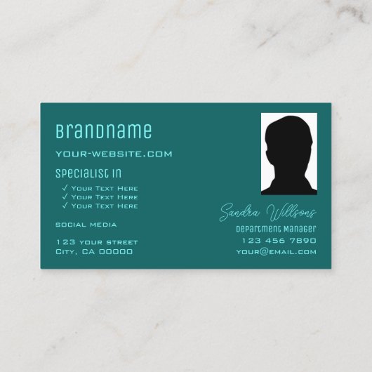 シックでシンプルな明るい暗いティール(緑がかった色)とモノグラムと写真 名刺 (裏面)