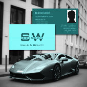 シックでシンプルな明るい暗いティール(緑がかった色)とモノグラムと写真 名刺