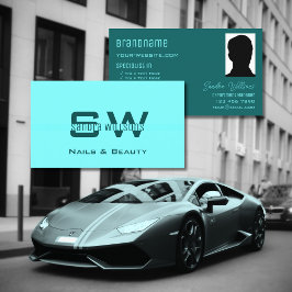 シックでシンプルな明るい暗いティール（緑がかった色）とモノグラムと写真 名刺