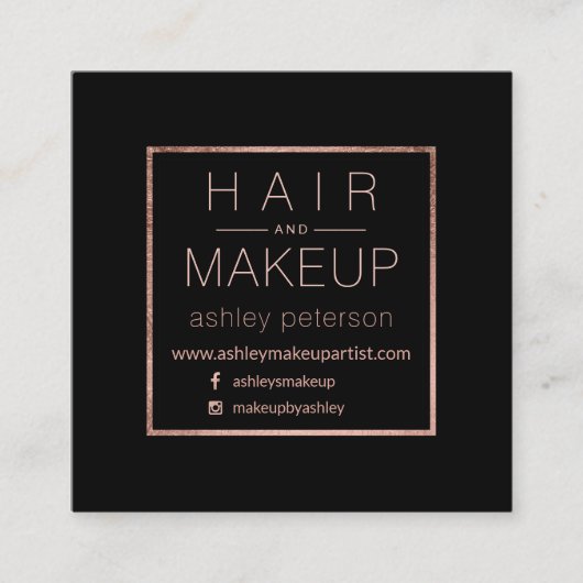 シックでシンプルな毛の化粧のタイポグラフィのばら色の金ゴールドの黒 スクエア名刺 (正面)