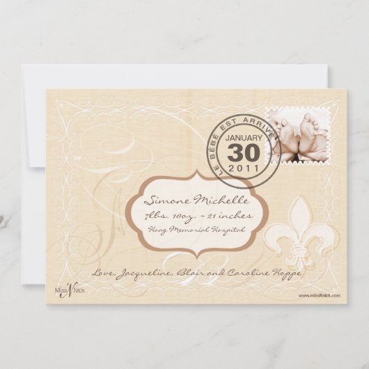 シックでフランスのなロマンスの誕生の発表 案内状 (正面)