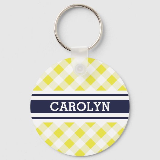 シックでプレッピーで黄色い海軍ギンガムパターンモノグラム キーホルダー (正面)