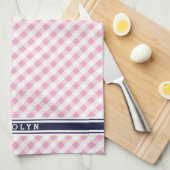 シックでプレッピーなピンク海軍ギンガムパターンモノグラム キッチンタオル (四つ折り)